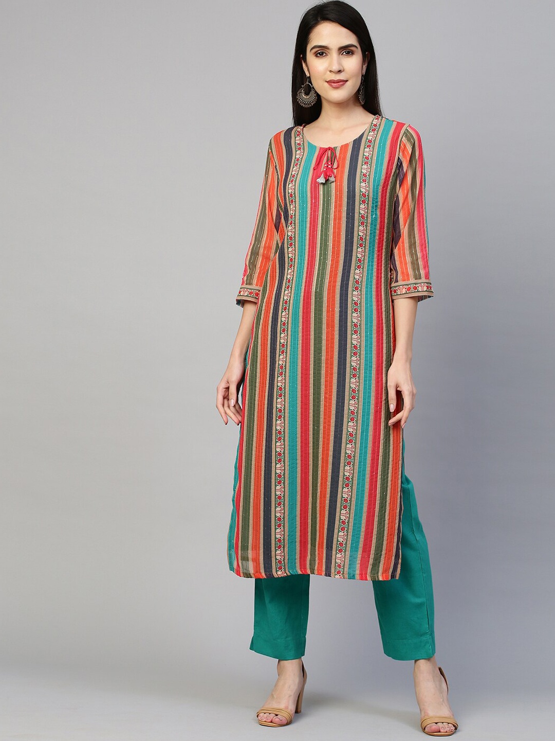 

FASHOR Women Multicoloured Striped Kurta with Trousers, Multi