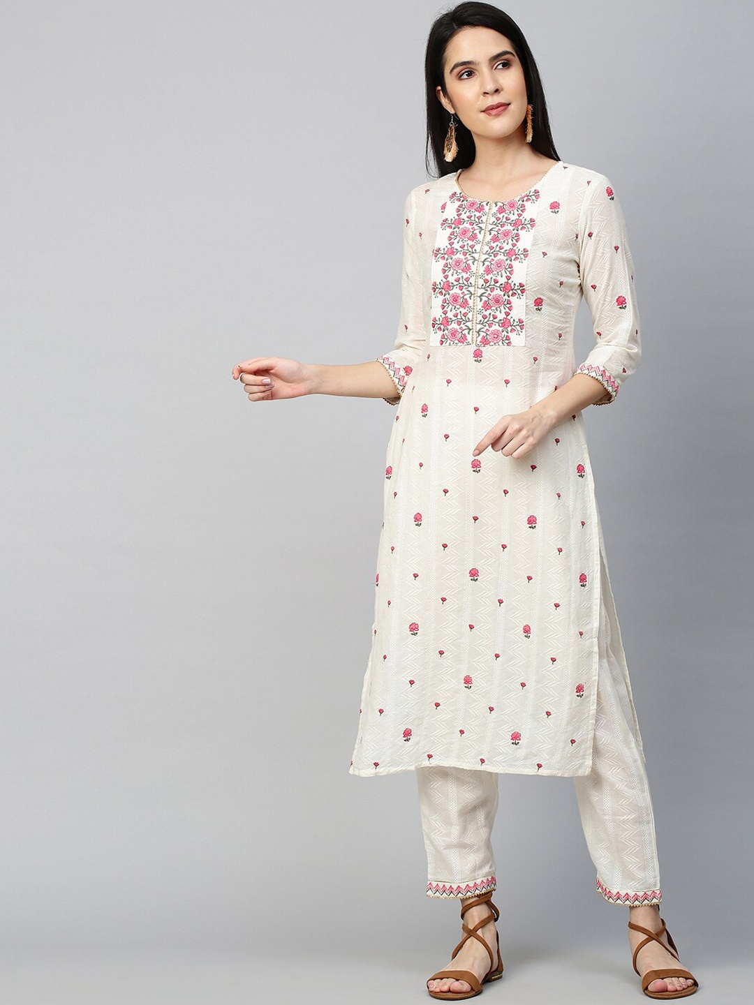 

FASHOR Women Off White Regular Kurta with Trousers & With Dupatta