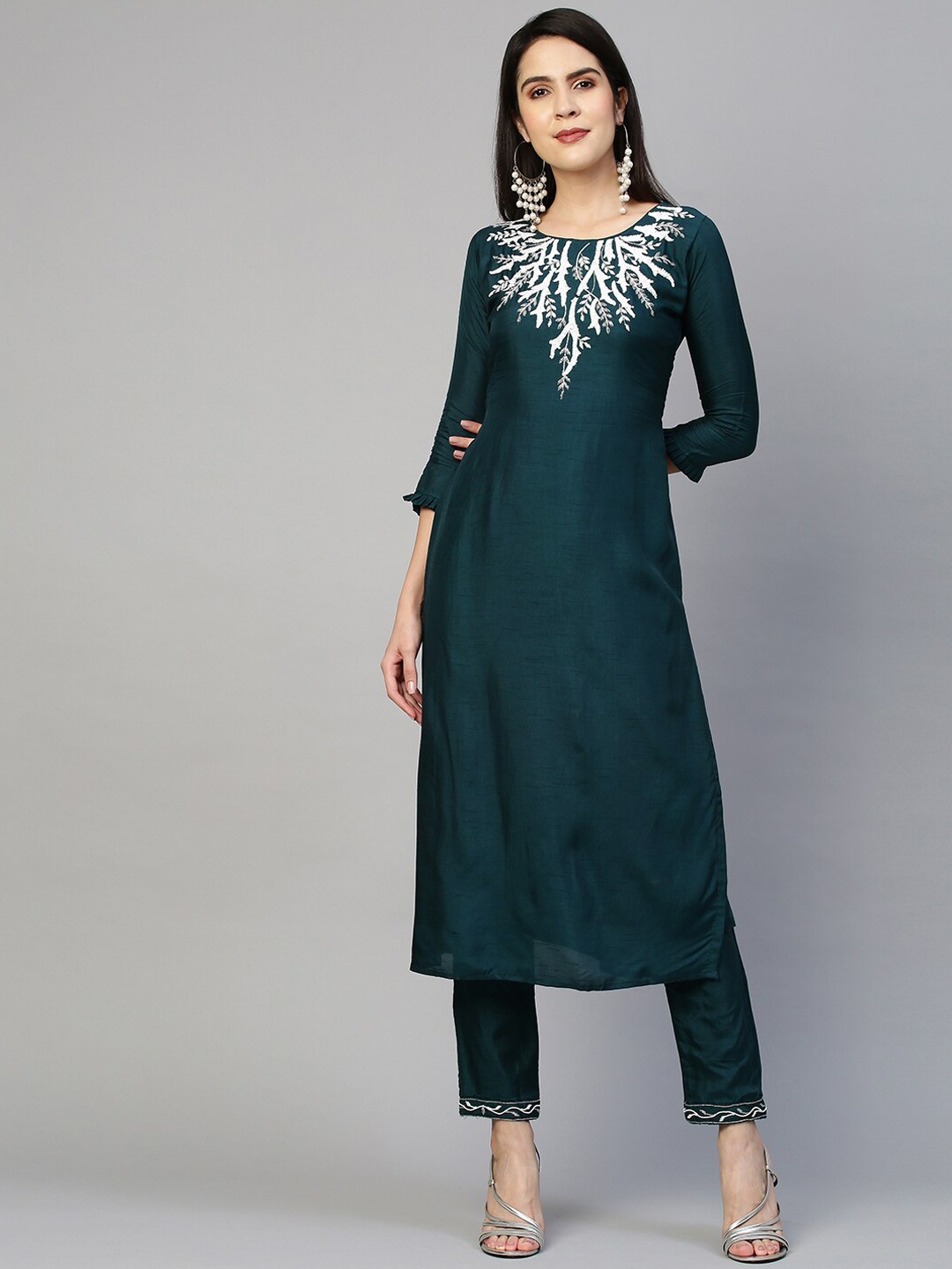 

FASHOR Women Teal Blue Ethnic Motifs Embroidered Sequinned Silk Blend Kurta with Trousers