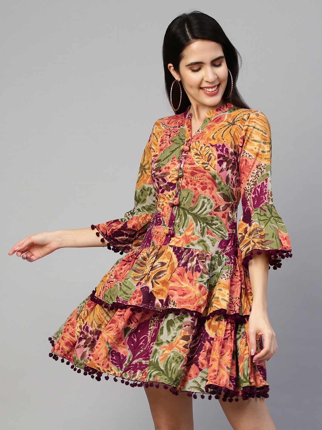 

FASHOR Yellow & Purple Tropical Pure Cotton A-Line Dress