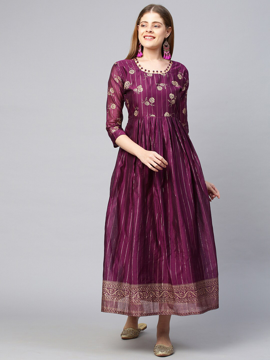 

FASHOR Purple & Gold-Toned Ethnic Motifs Printed Maxi Dress