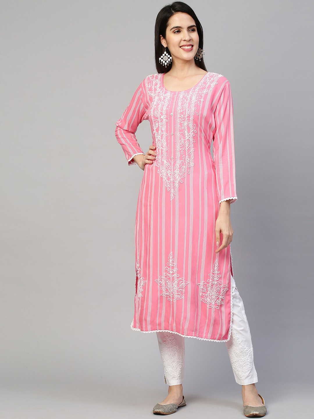 

FASHOR Women Pink Striped French Knot Embroidered Kurta with Trousers