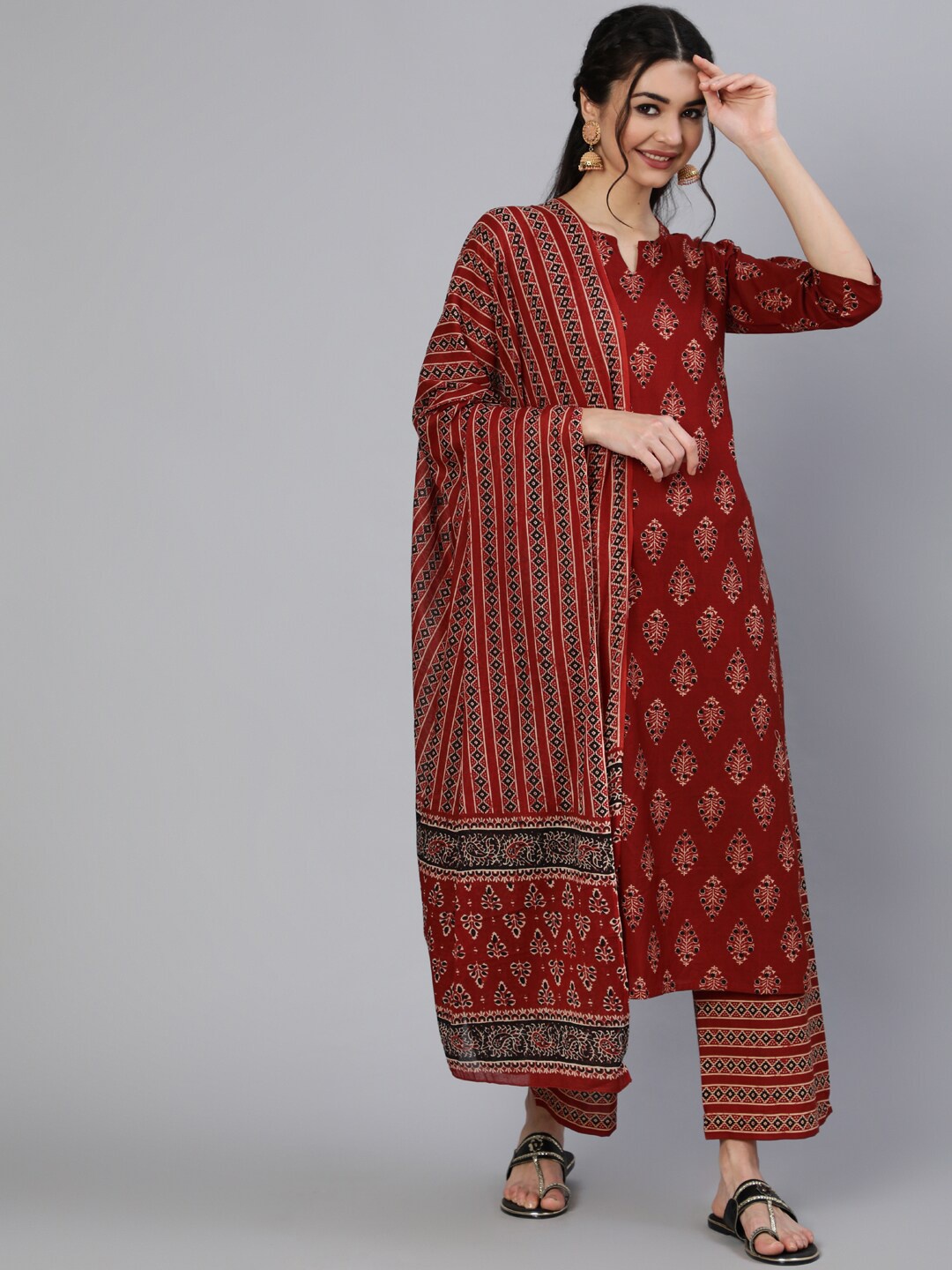 

Nayo Women Maroon Ethnic Motifs Printed Pure Cotton Kurta with Palazzos & With Dupatta