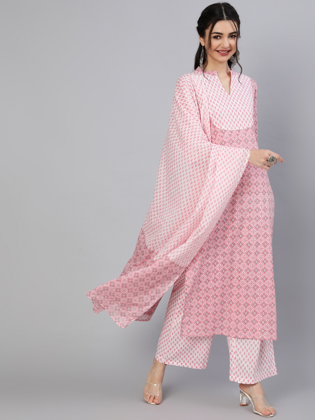 

Nayo Women Pink & White Ethnic Motifs Pure Cotton Kurta with Palazzos & Dupatta