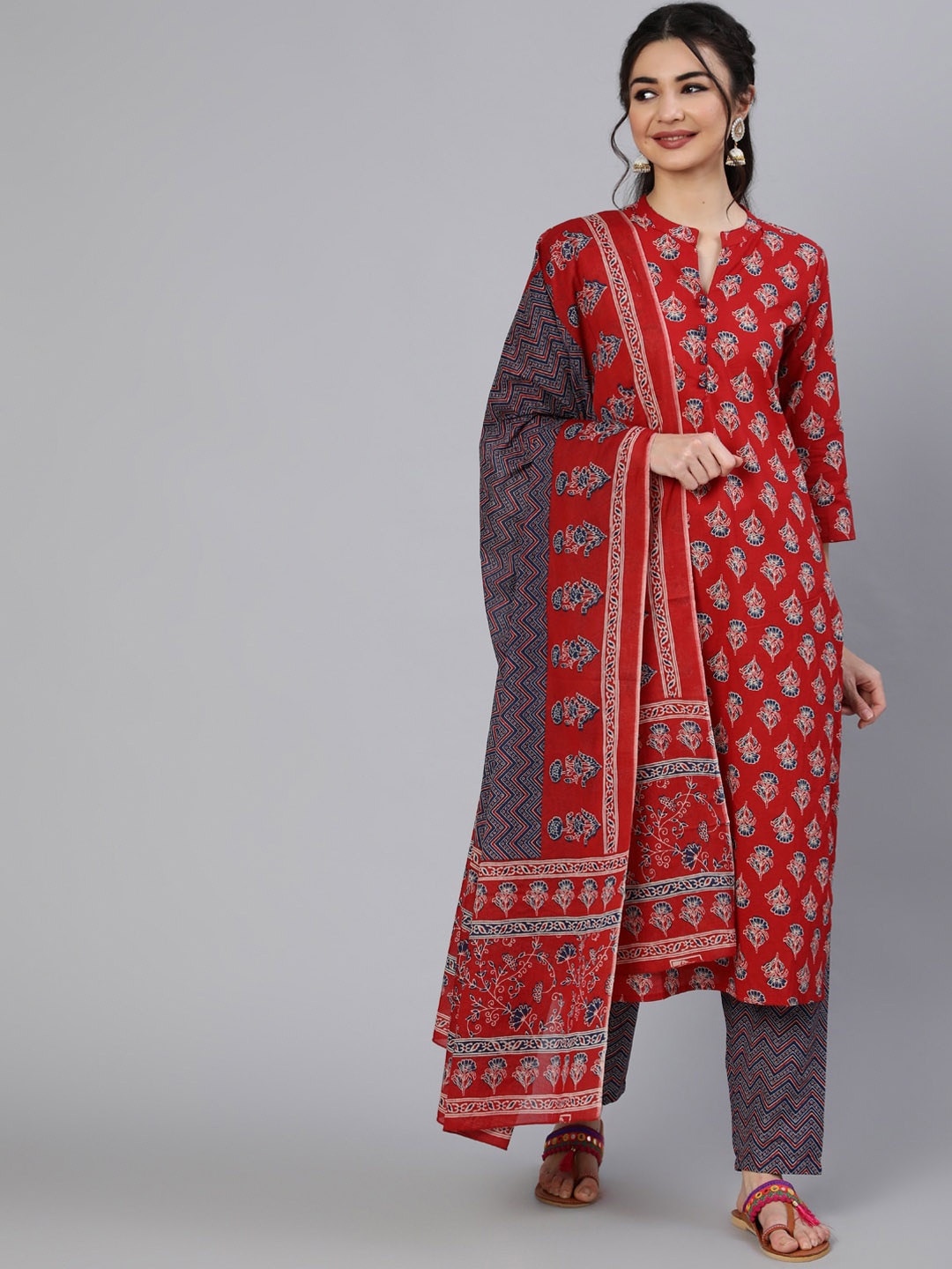 

Nayo Women Red Floral Printed Pure Cotton Kurta with Trousers & Dupatta