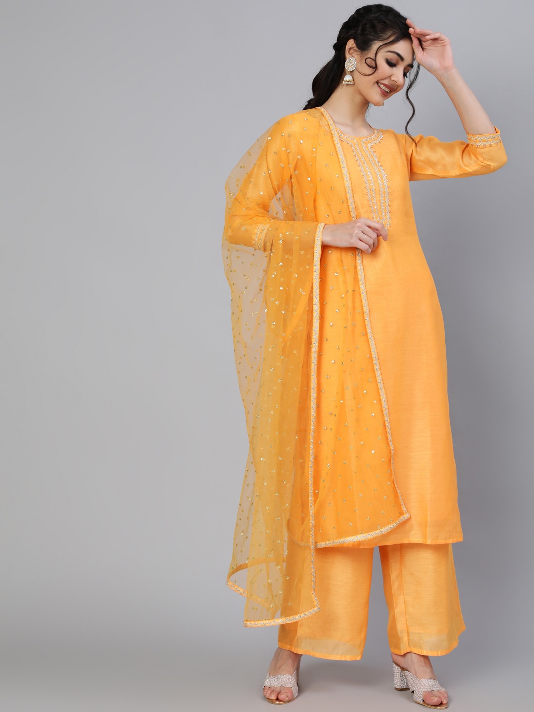 

Nayo Women Yellow Chanderi Embroidered Straight Kurta with Palazzos & Sequinned Dupatta