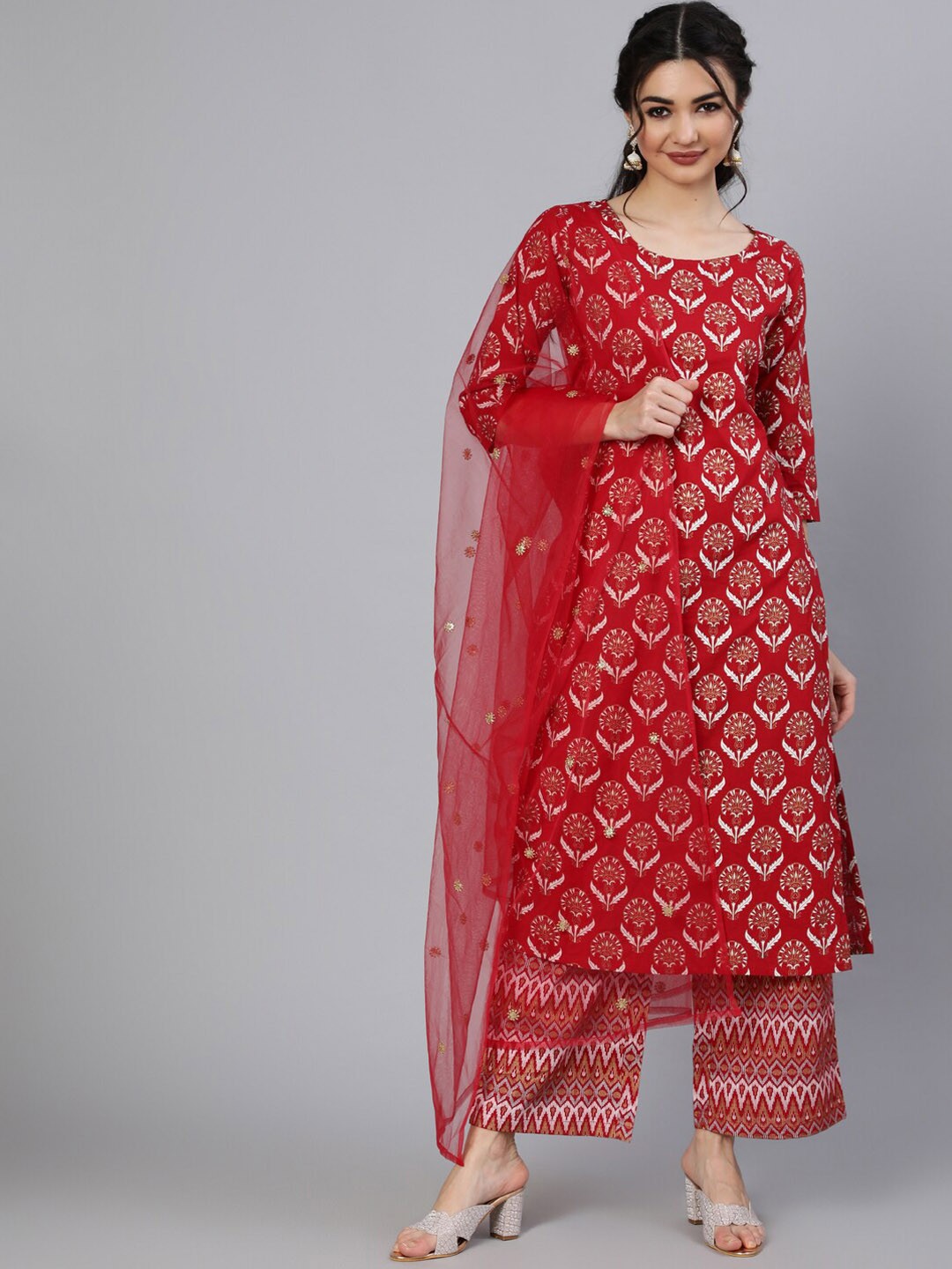 

Nayo Women Red Printed Cotton Kurta Palazzos & With Sequinned Dupatta