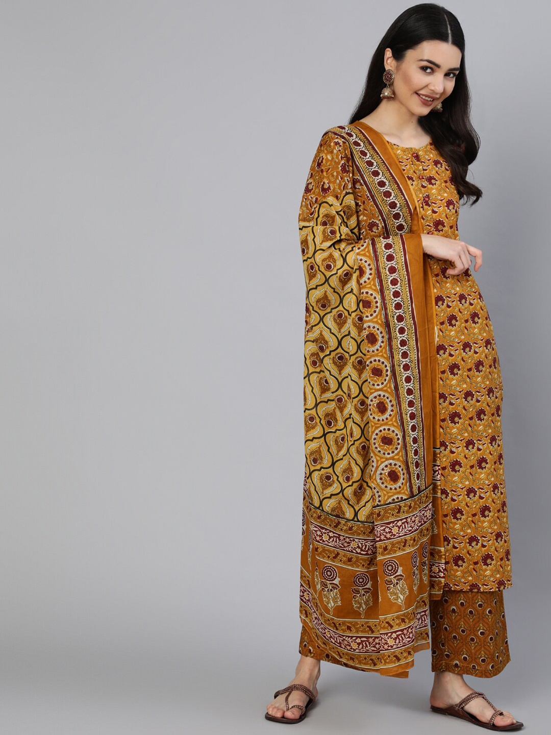 

Nayo Women Mustard Yellow & Maroon Printed Straight Kurta with Palazzos & Dupatta
