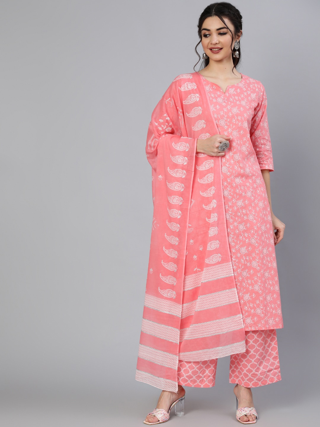 

Nayo Women Peach & Silver Floral Printed Straight Kurta With Palazzo And With Dupatta