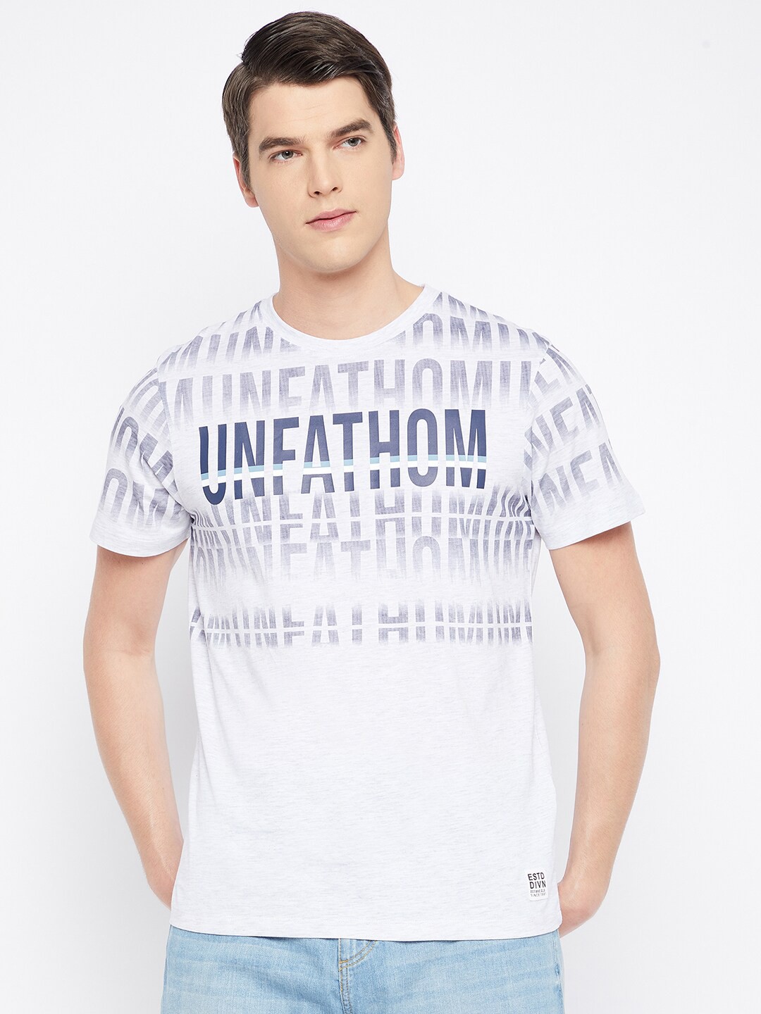 

Octave Men Grey Melange & Blue Typography Printed Cotton T-shirt