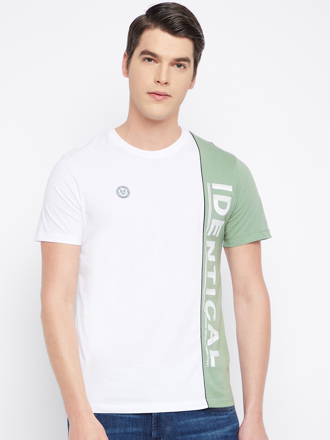 

Octave Men White & Green Typography Colourblocked Cotton T-shirt