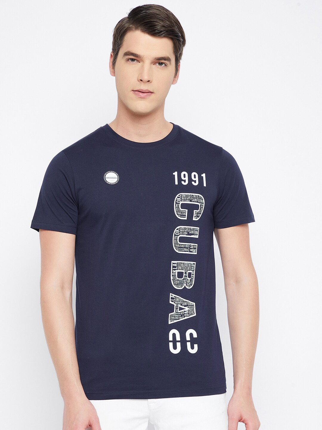 

Octave Men Navy Blue Typography Printed Applique T-shirt
