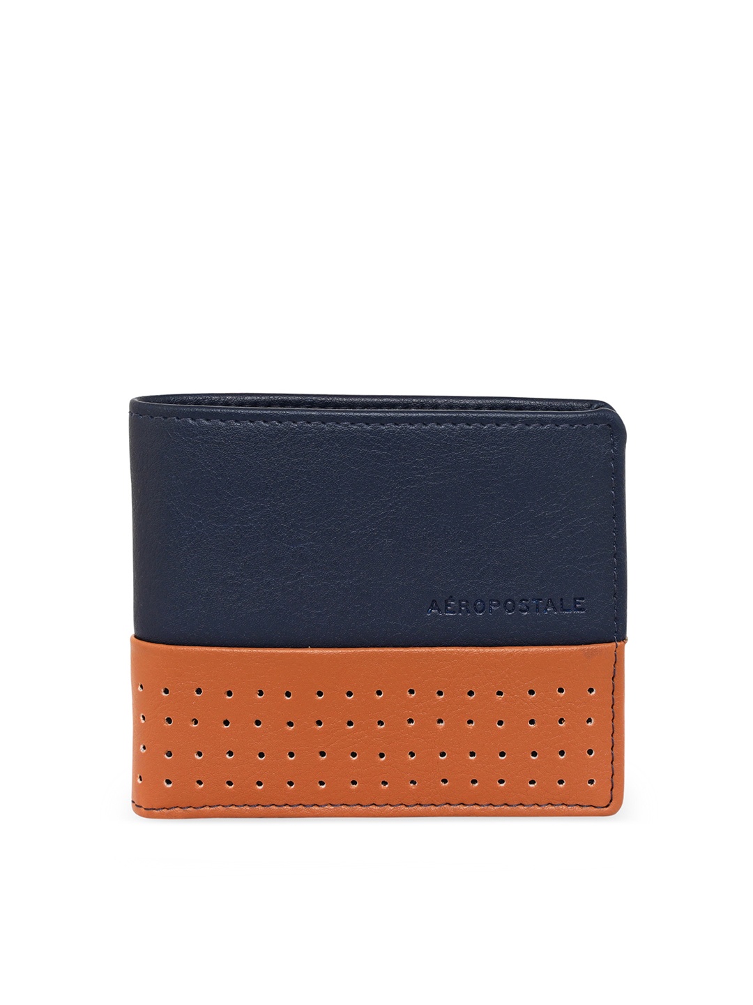 

Aeropostale Men Blue & Orange Textured PU Two Fold Wallet