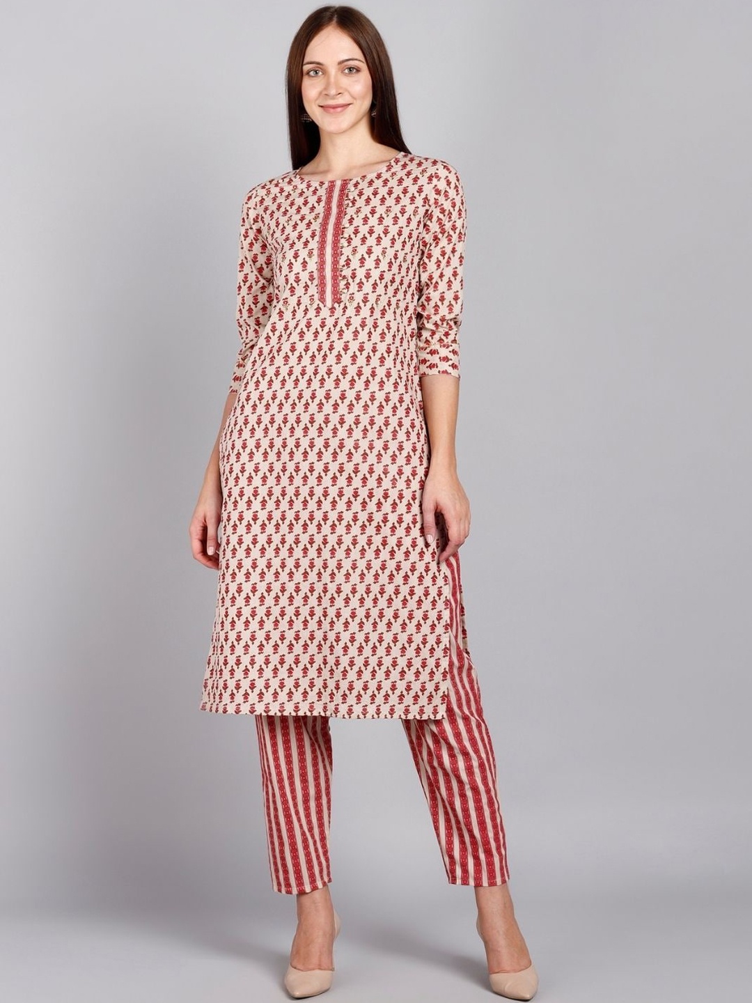 

VEDANA Women Cream-Coloured Pure Cotton Kurta with Trousers