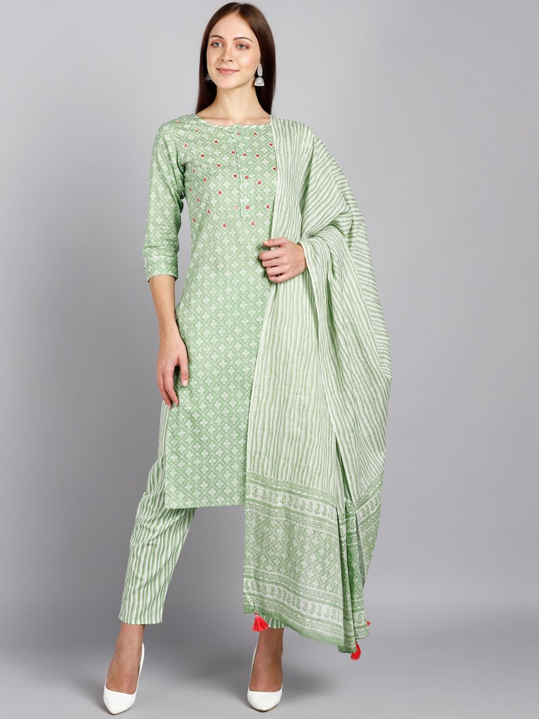 

VEDANA Women Green Ethnic Motifs Printed Pure Cotton Kurta Trousers & With Dupatta