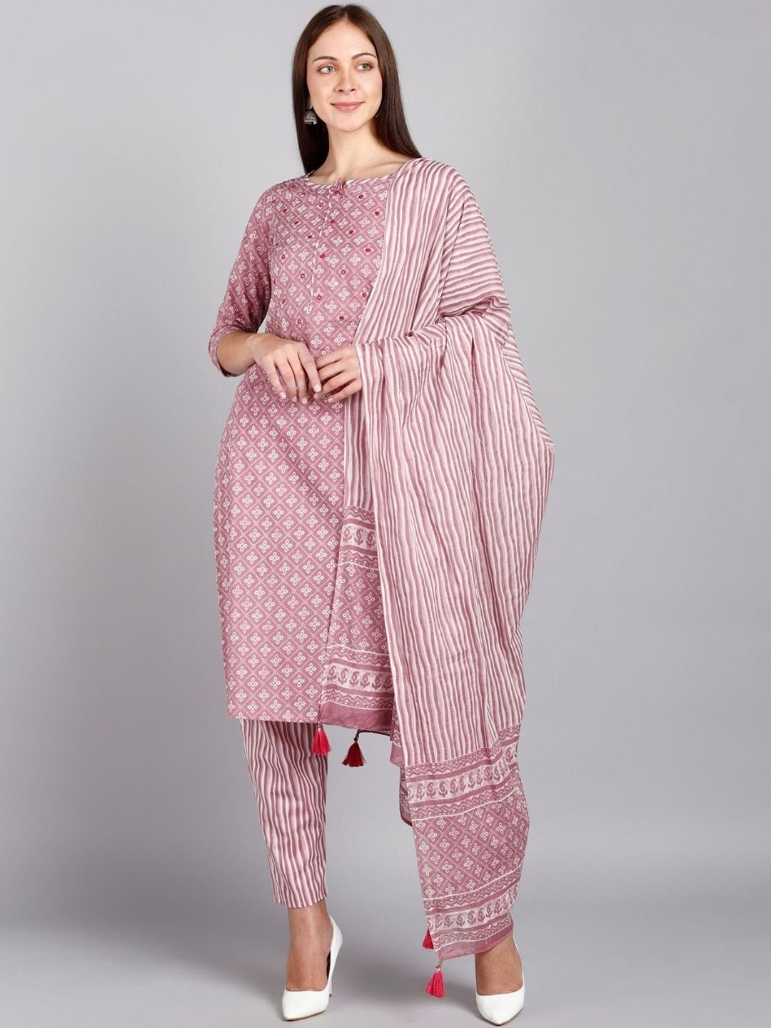 

VEDANA Women Pink Ethnic Motifs Pure Cotton Kurta with Trousers & With Dupatta