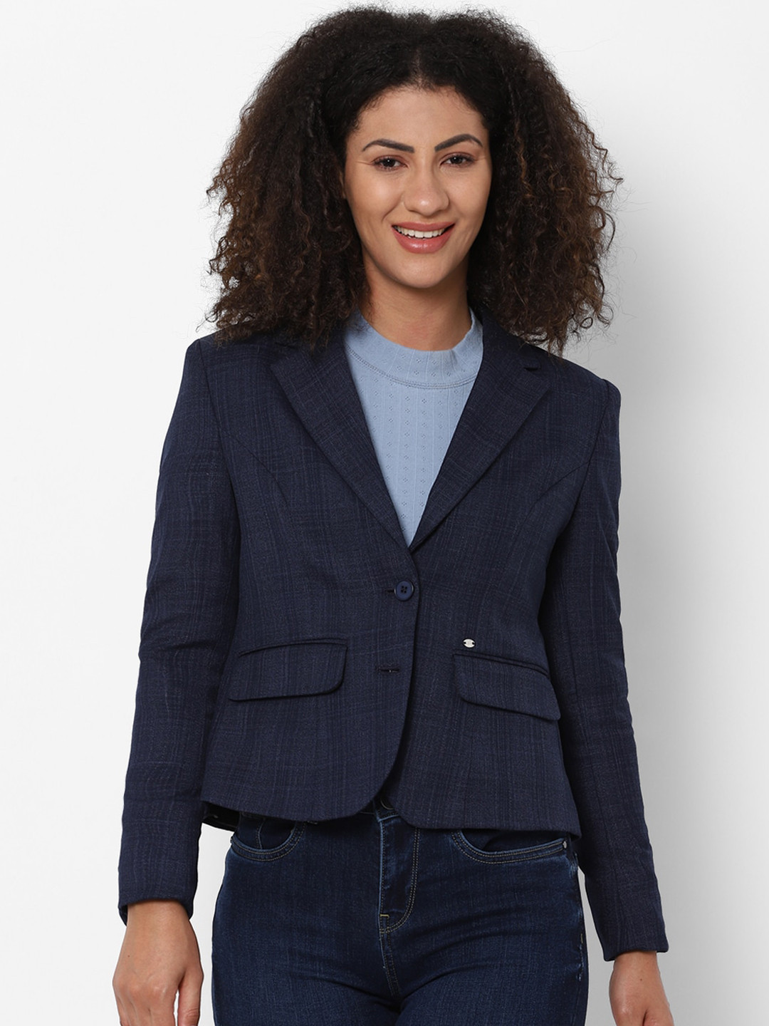 

Allen Solly Woman Navy Blue Checked Single Breasted Blazer