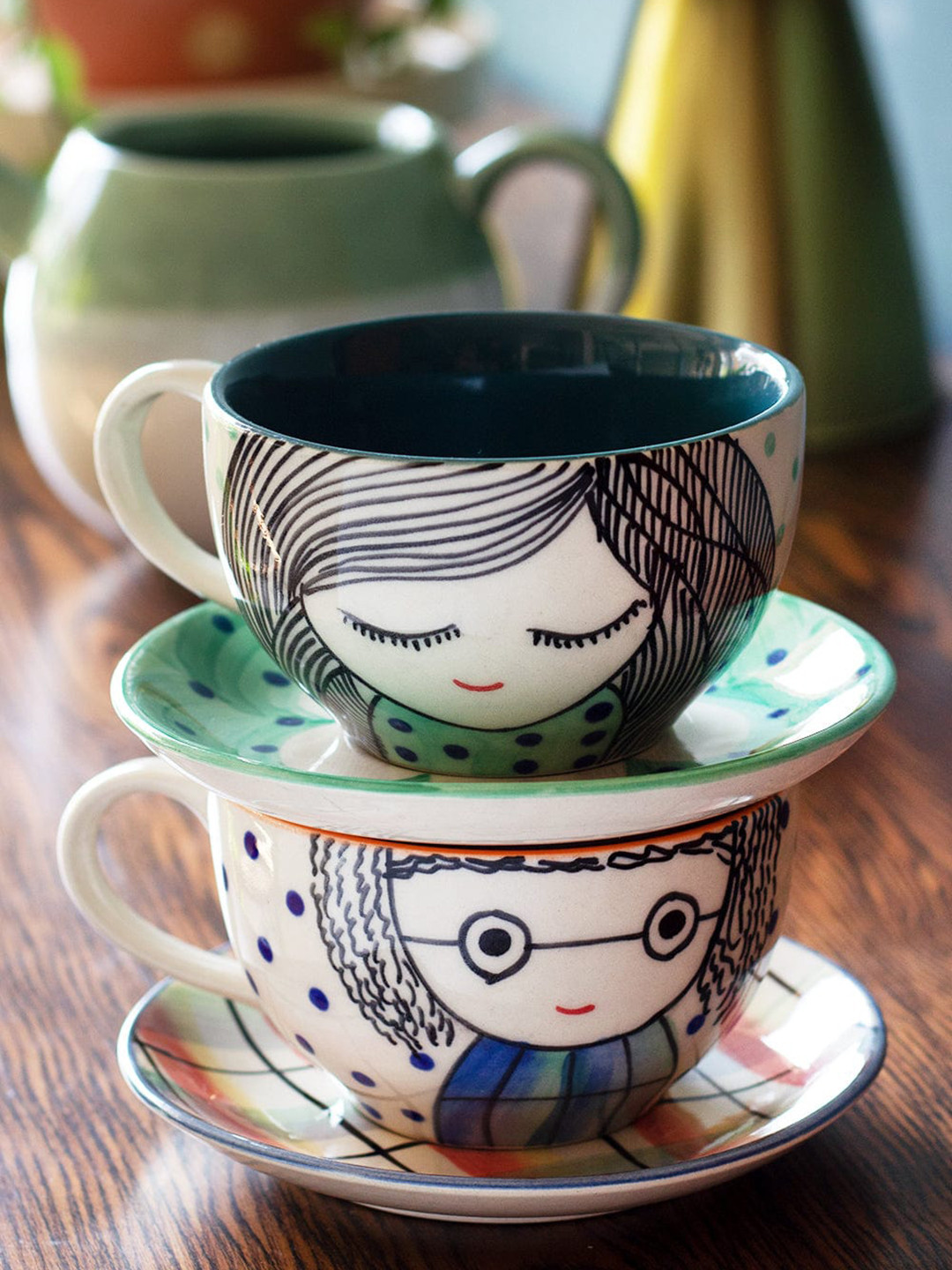 

The Wishing Chair 2 Multicoloured Printed Stoneware Glossy Cups and Saucers, Multi