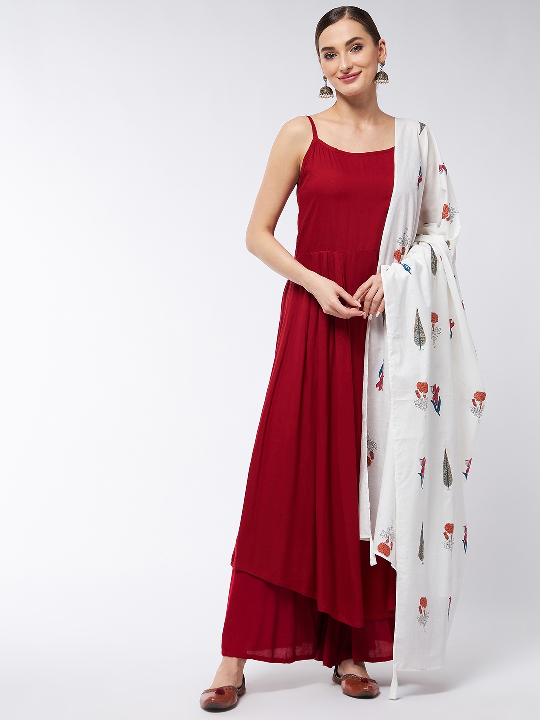 

InWeave Women Maroon Layered Kurta Palazzos Set With Dupatta