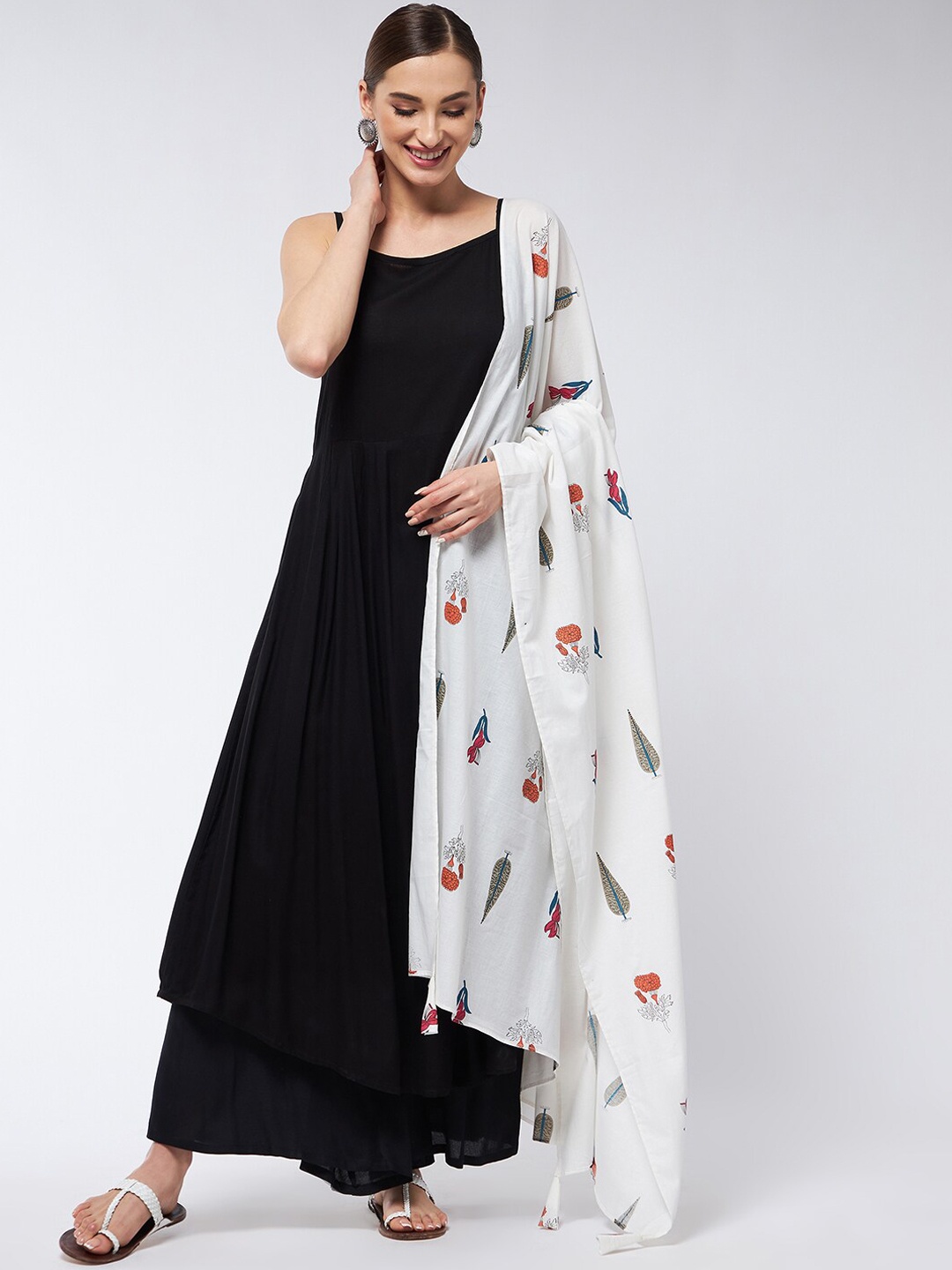 

InWeave Women Black Layered Kurti with Palazzos & With Dupatta