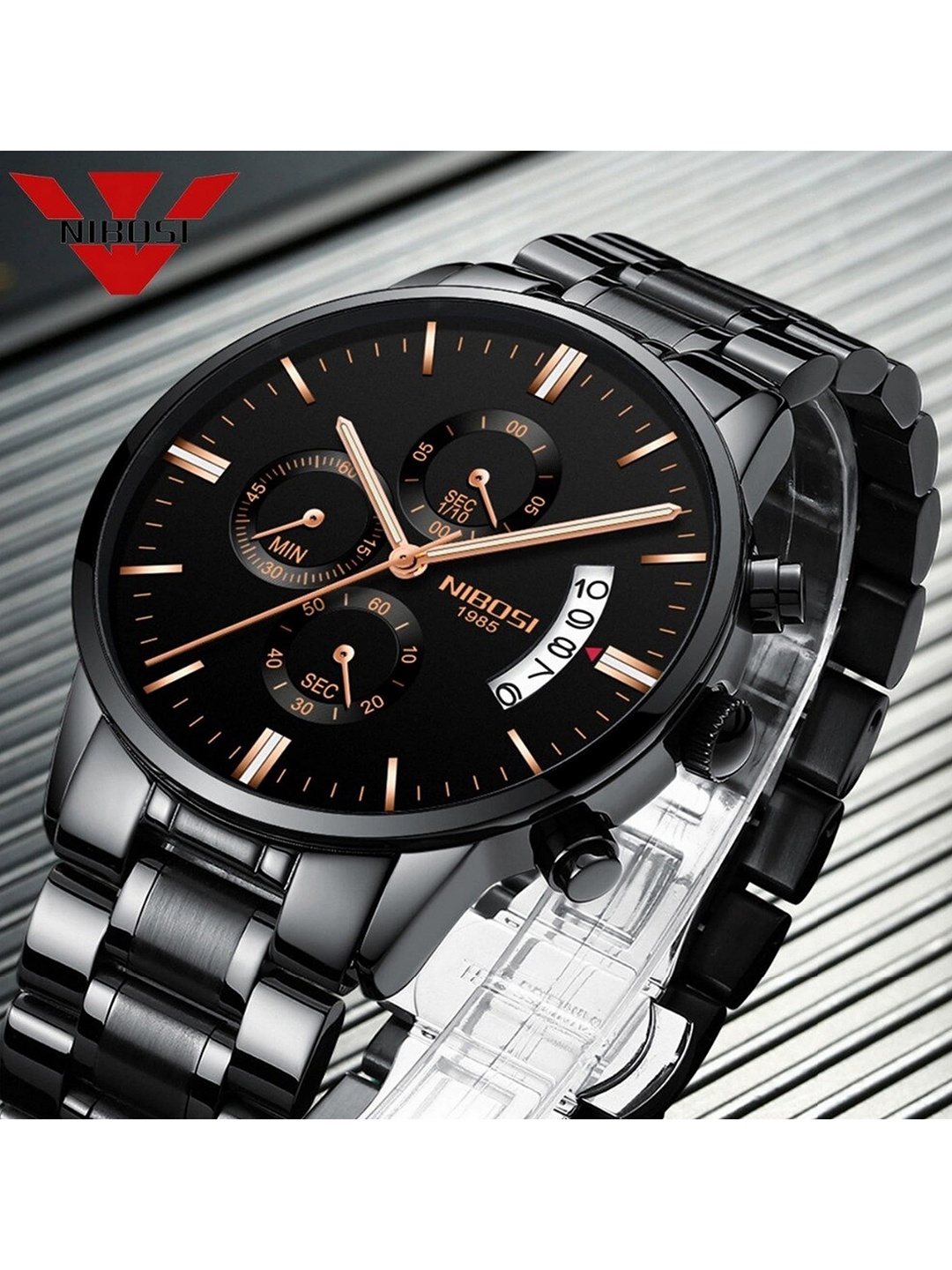 

Nibosi Men Black Dial & Black Stainless Steel Bracelet Style Straps Analogue Chronograph Watch