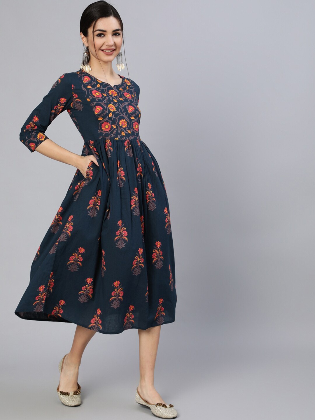

Nayo Blue Floral Printed Cotton Fit and Flare Dress