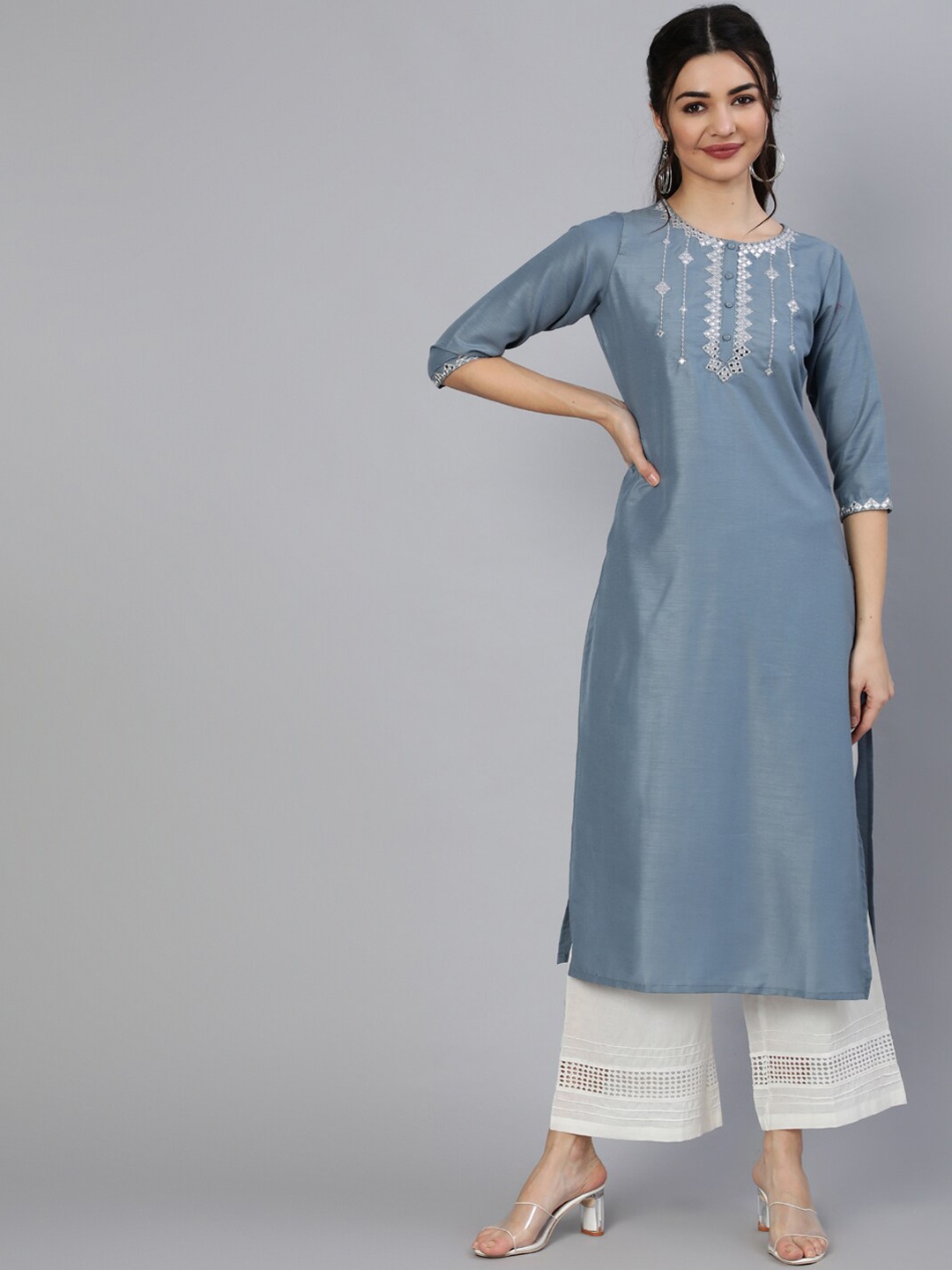 

Nayo Grey Mirror Work Embroidered Straight Kurta