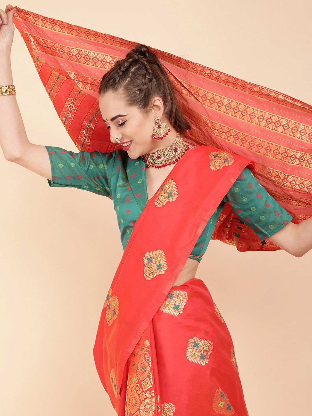 

Sangria Orange & Green Woven Design Zari Pure Silk Muga Saree