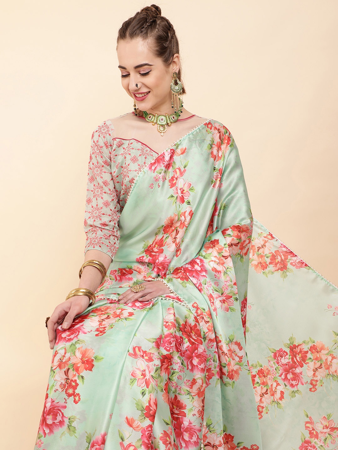 

Sangria Sea Green & Pink Floral Beads and Stones Satin Saree