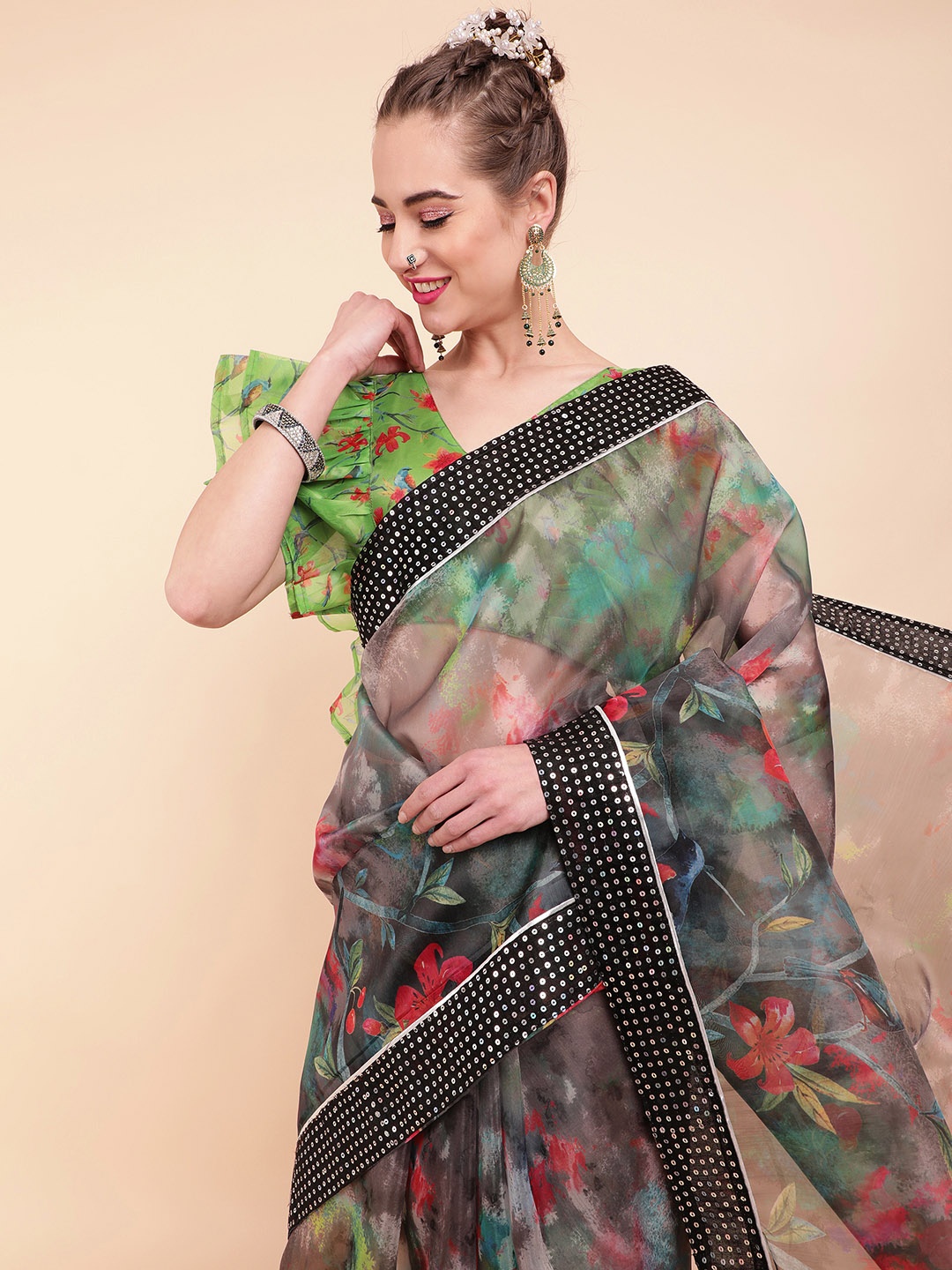

Sangria Black & Red Floral Sequinned Organza Saree