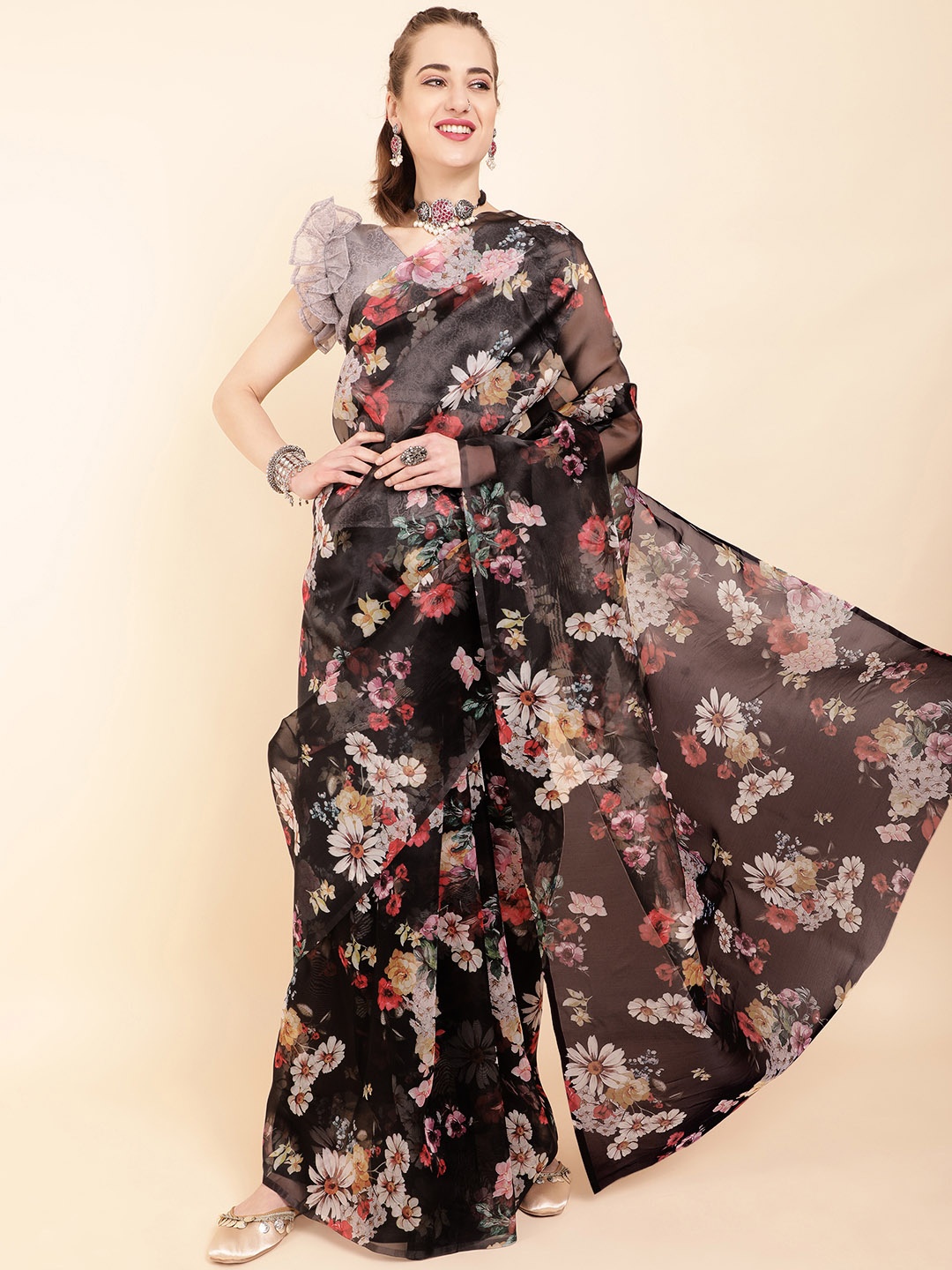 

Sangria Black & Rose Gold Floral Organza Saree