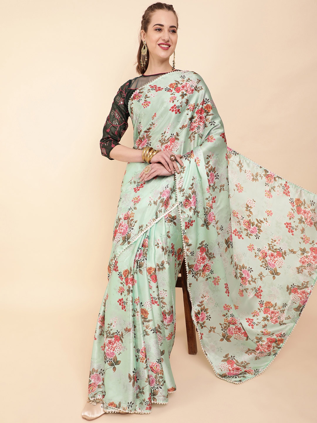 

Sangria Sea Green & Rose Gold Floral Satin Saree
