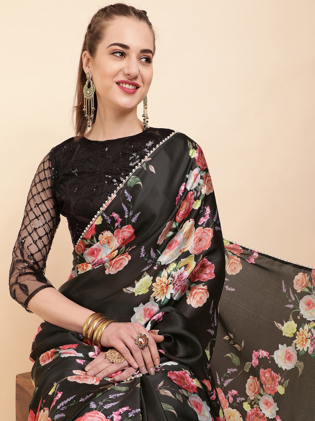 

Sangria Black Floral Beads and Stones Satin Saree