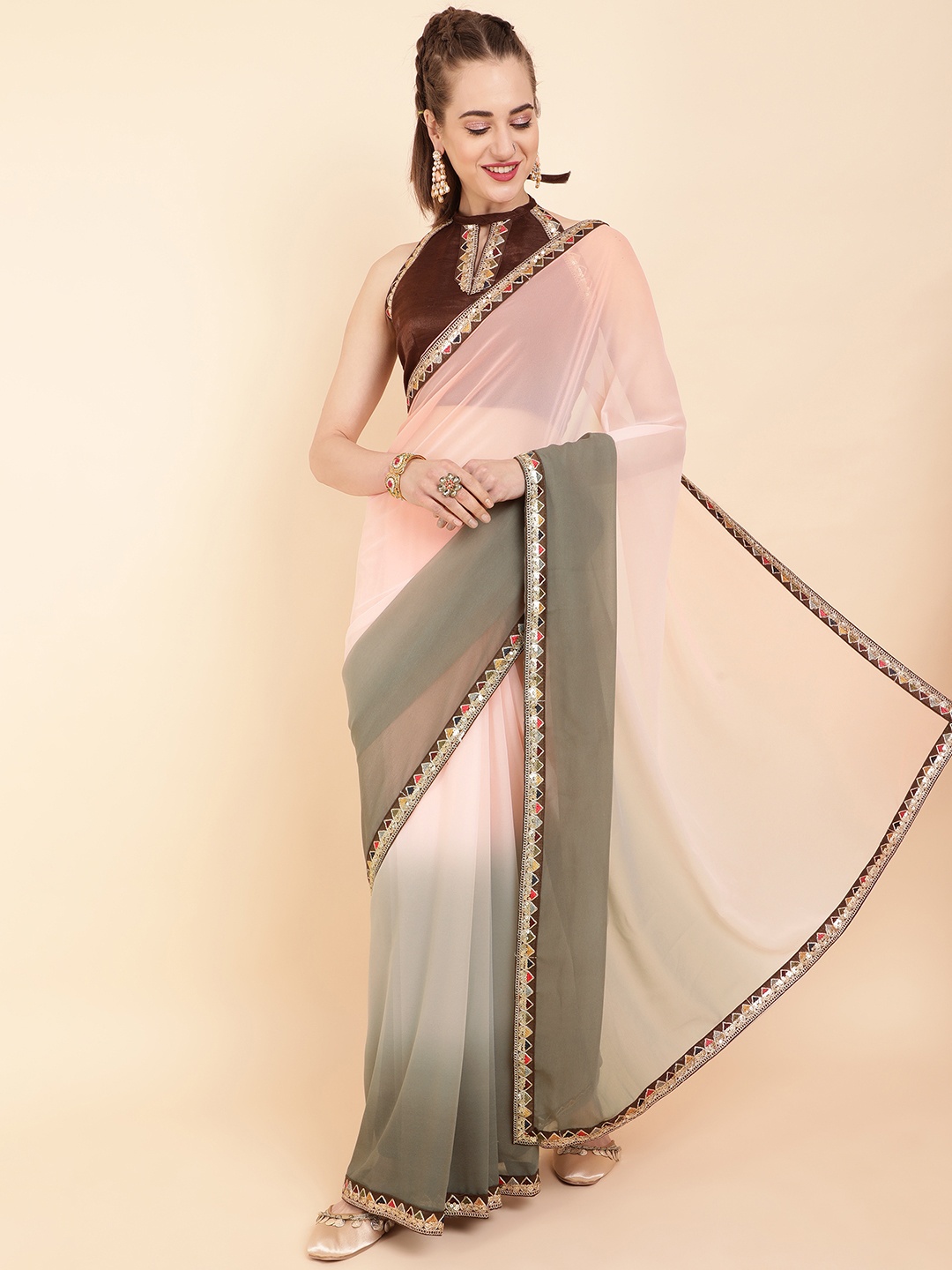 

Sangria Women Rose & Green Embroidered Silk Cotton Saree