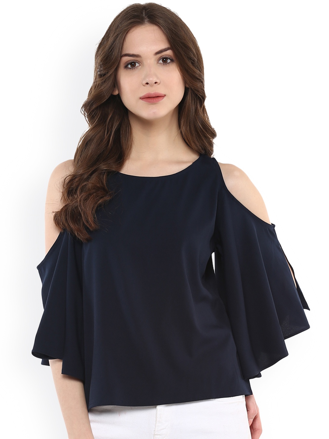 

Harpa Navy Lightweight Cold Shoulder Top, Navy blue