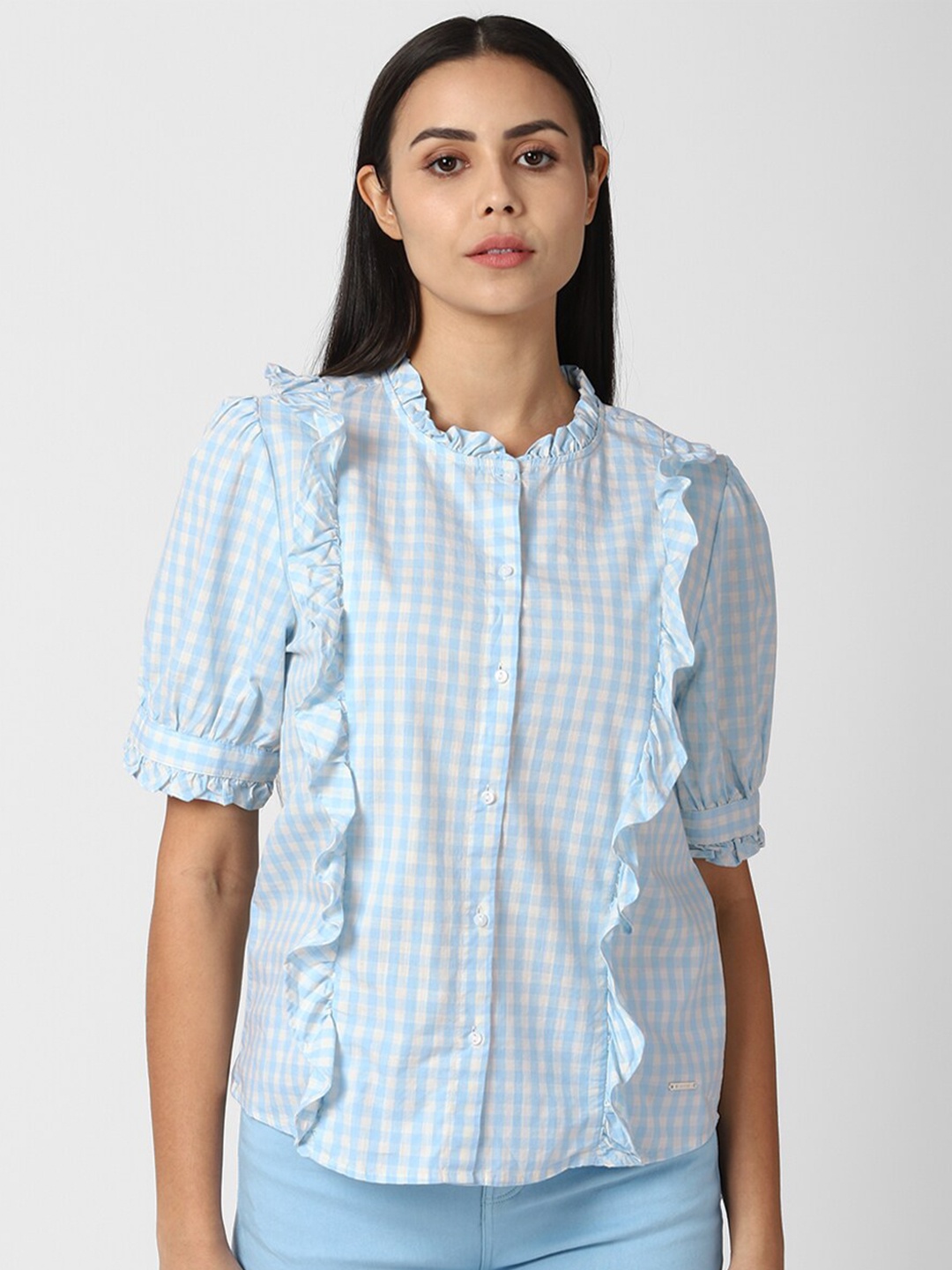 

Van Heusen Woman Blue Checked Mandarin Collar Ruffles Shirt Style Cotton Top
