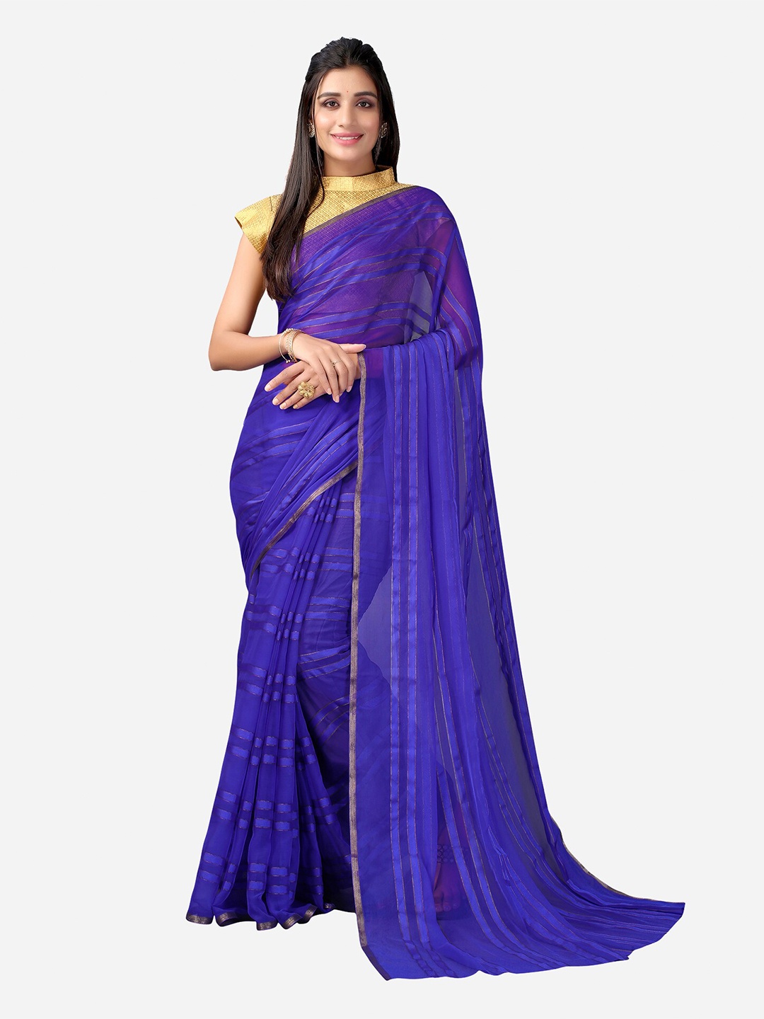 

KALINI Blue & Golden Striped Zari Poly Chiffon Saree