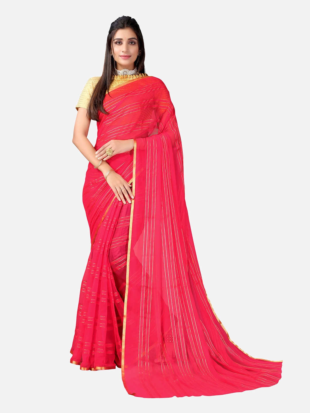 

KALINI Red & Silver Striped Dyed Saree