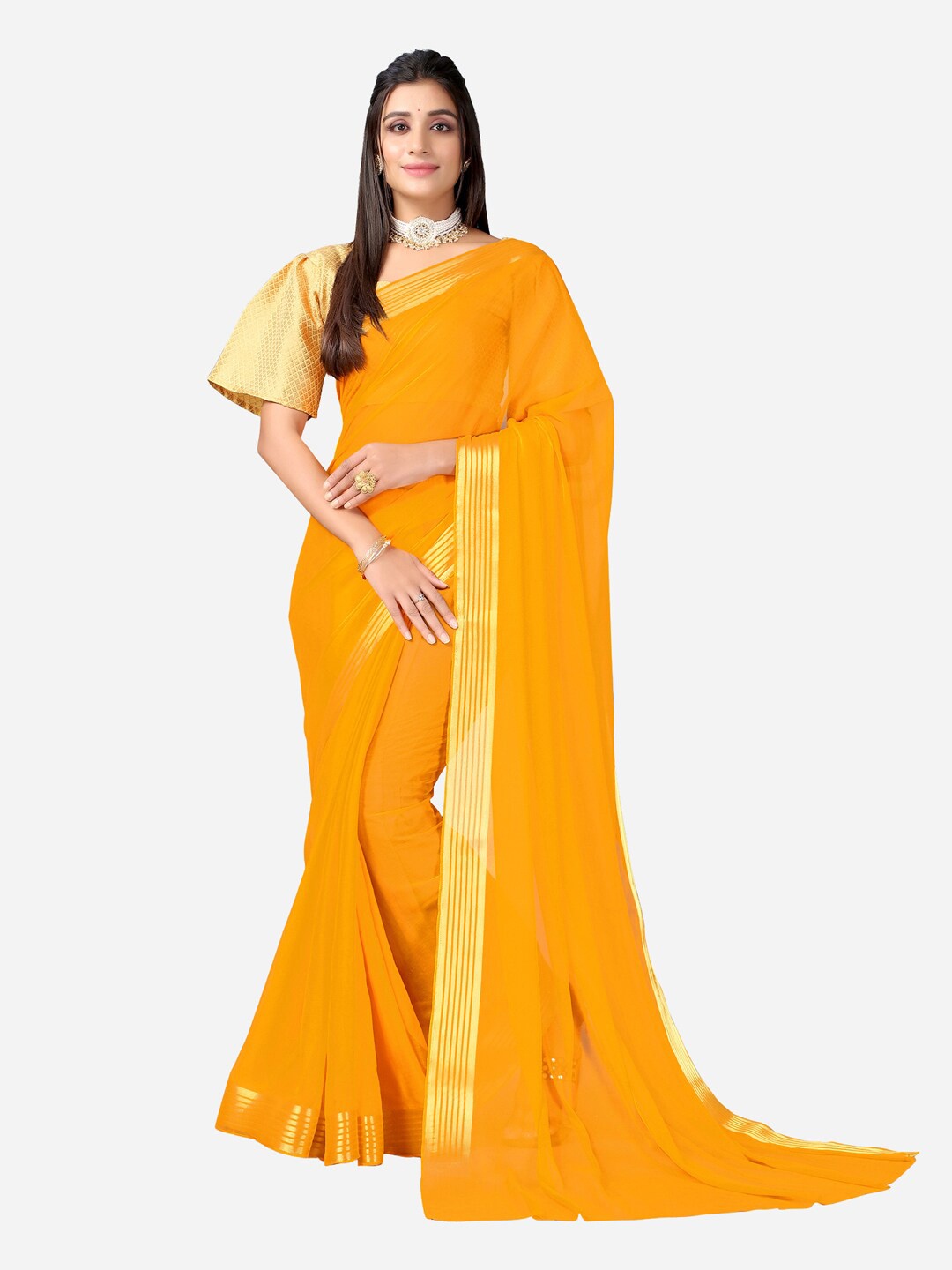 

KALINI Yellow & Gold-Toned Solid Saree With Zari Border