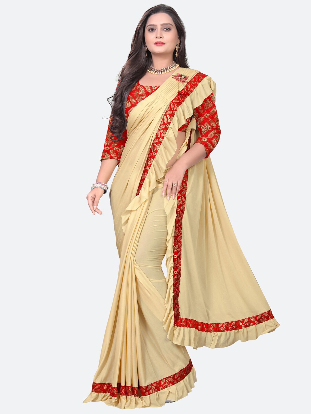 

KALINI Cream-Coloured & Red Solid Dyed Poly Silk Saree