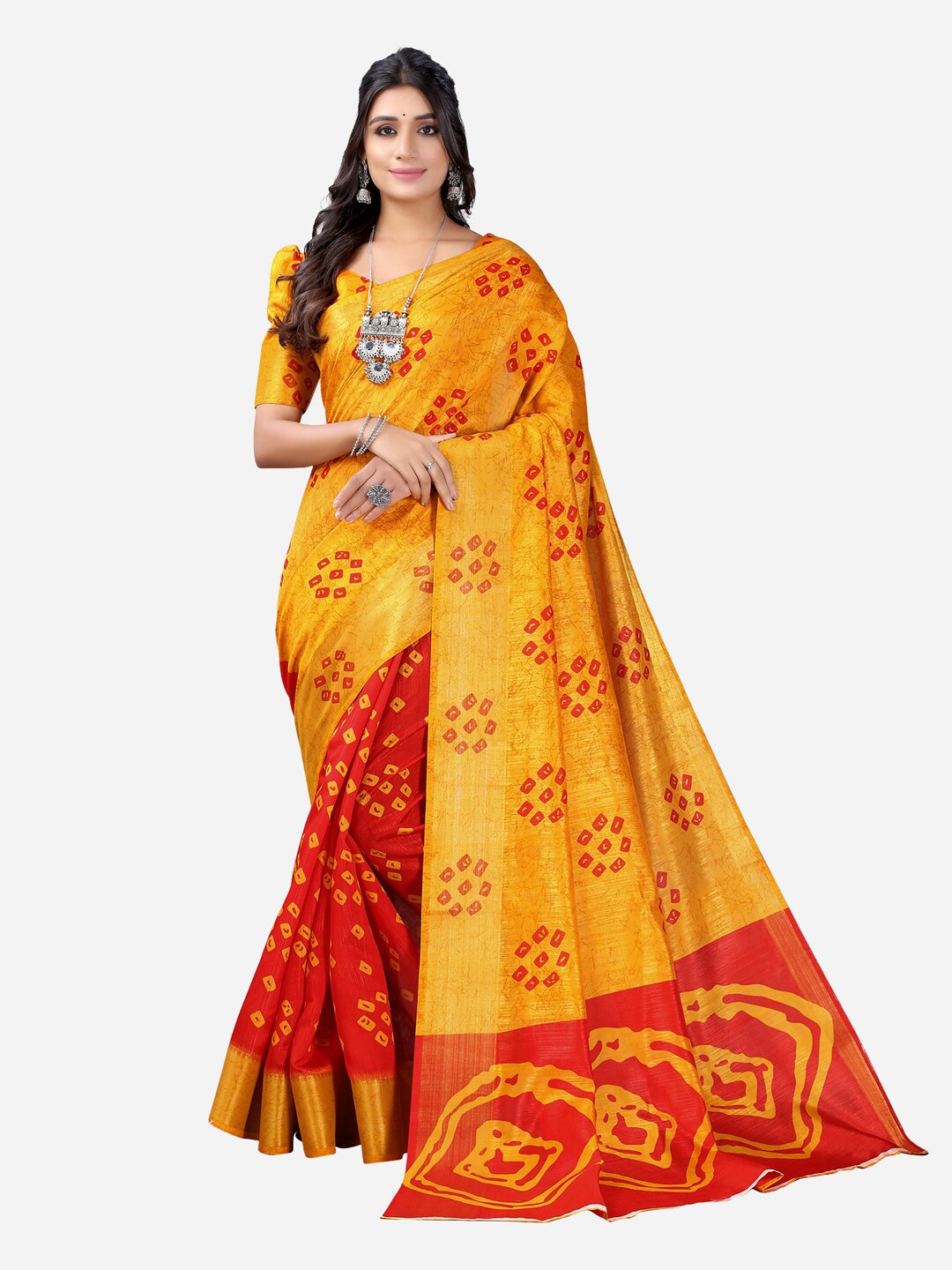 

KALINI Yellow & Red Zari Bandhani Saree