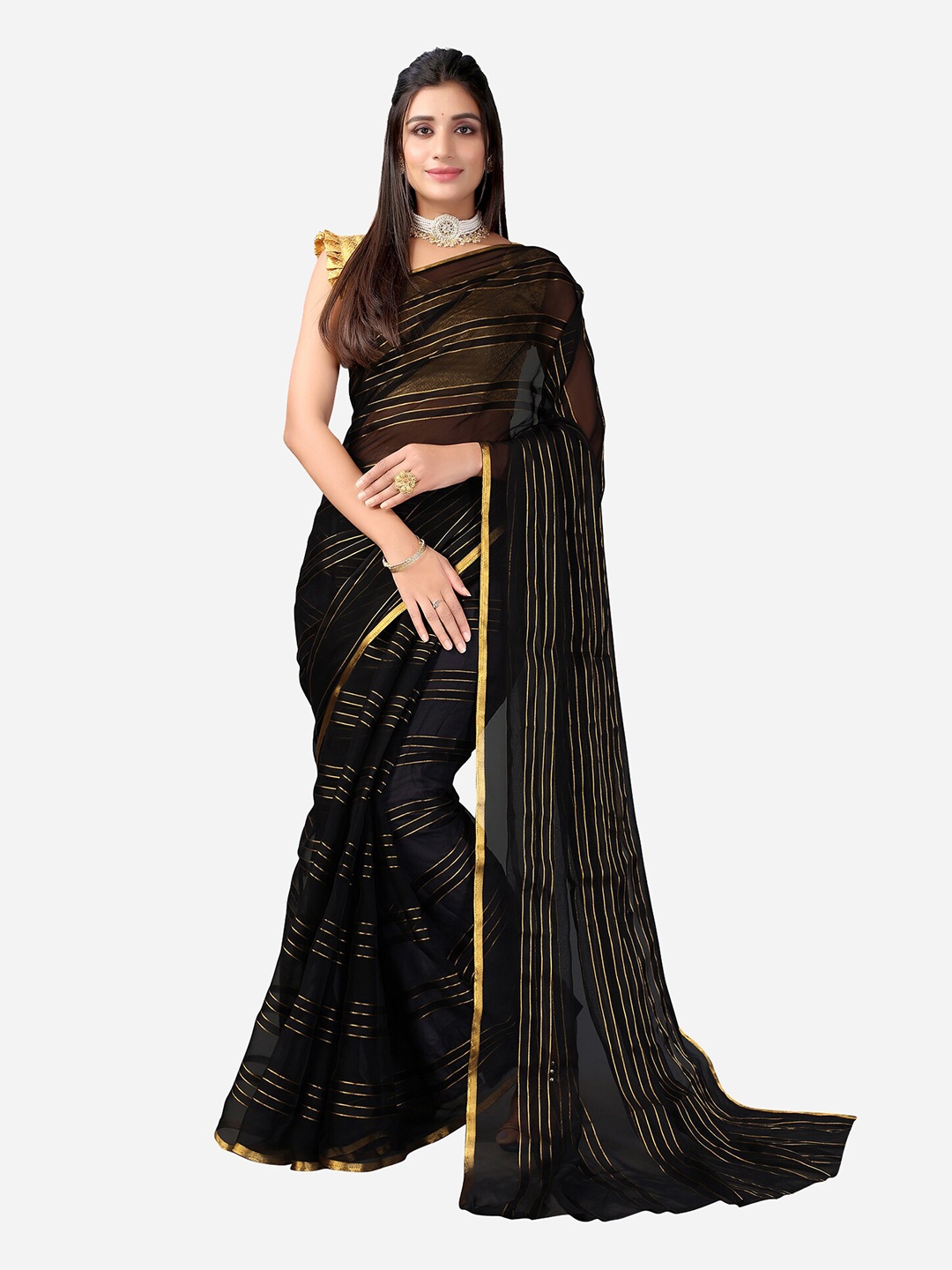 

KALINI Black & Gold-Toned Striped Zari Saree