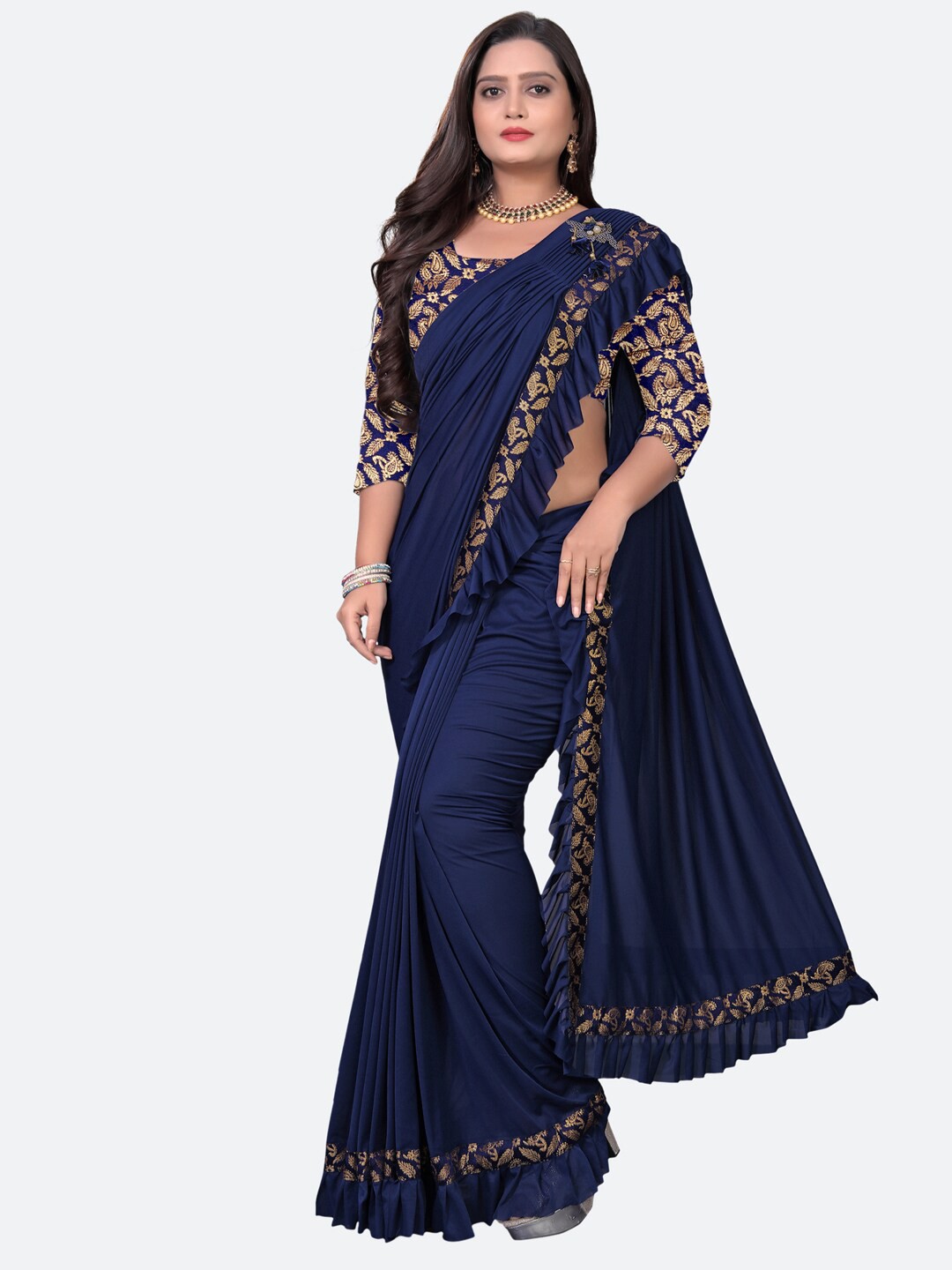 

KALINI Navy Blue & Gold-Toned Zari Ruffle Border Saree