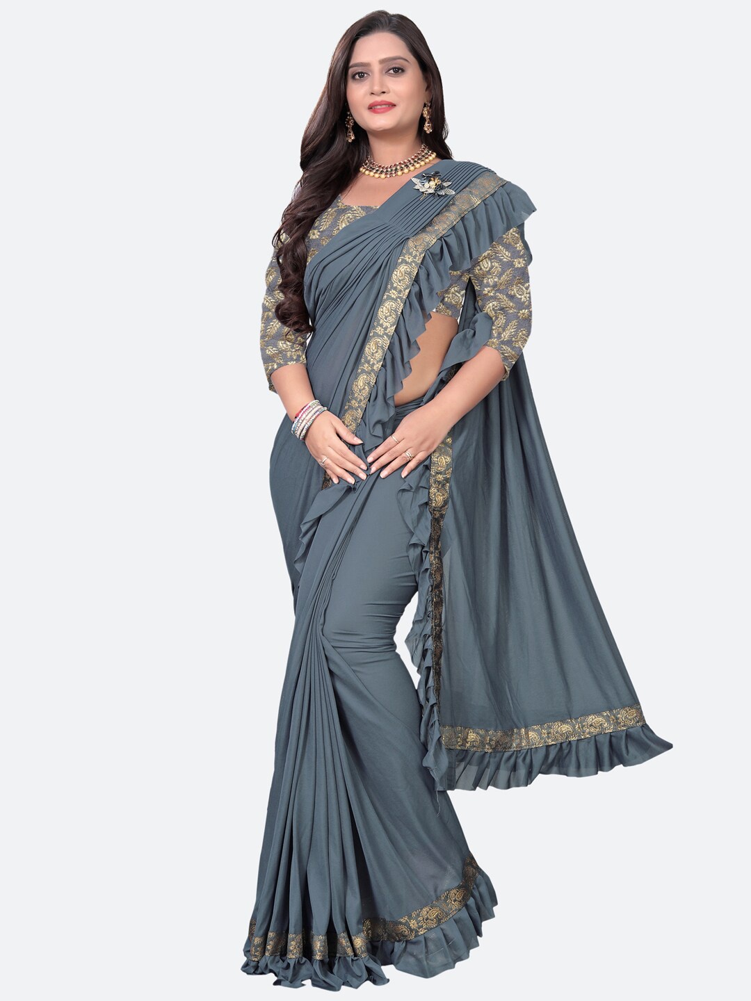 

KALINI Grey & Golden Poly Silk Saree