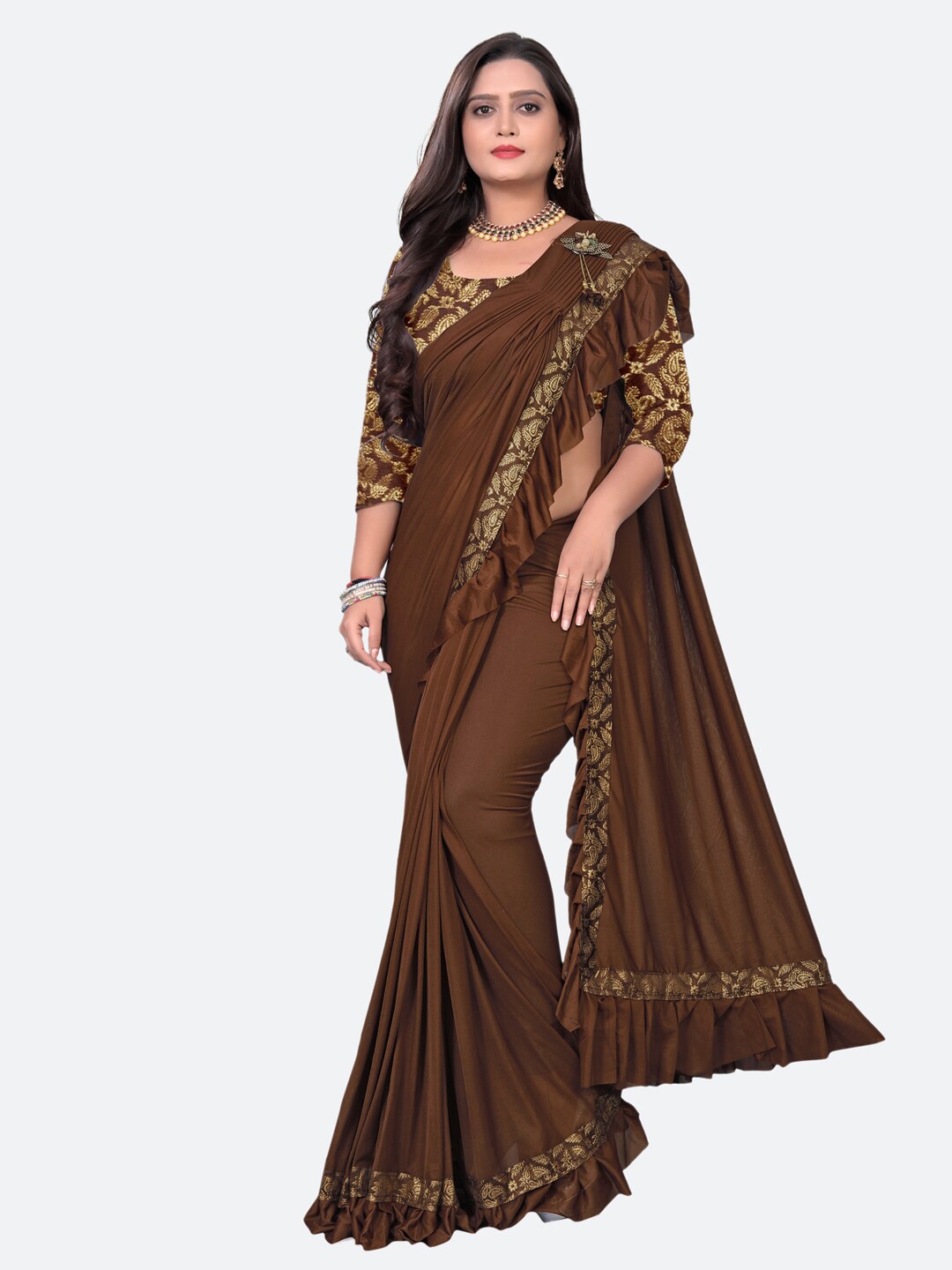 

KALINI Brown & Gold-Toned Solid Dyed Poly Silk Saree