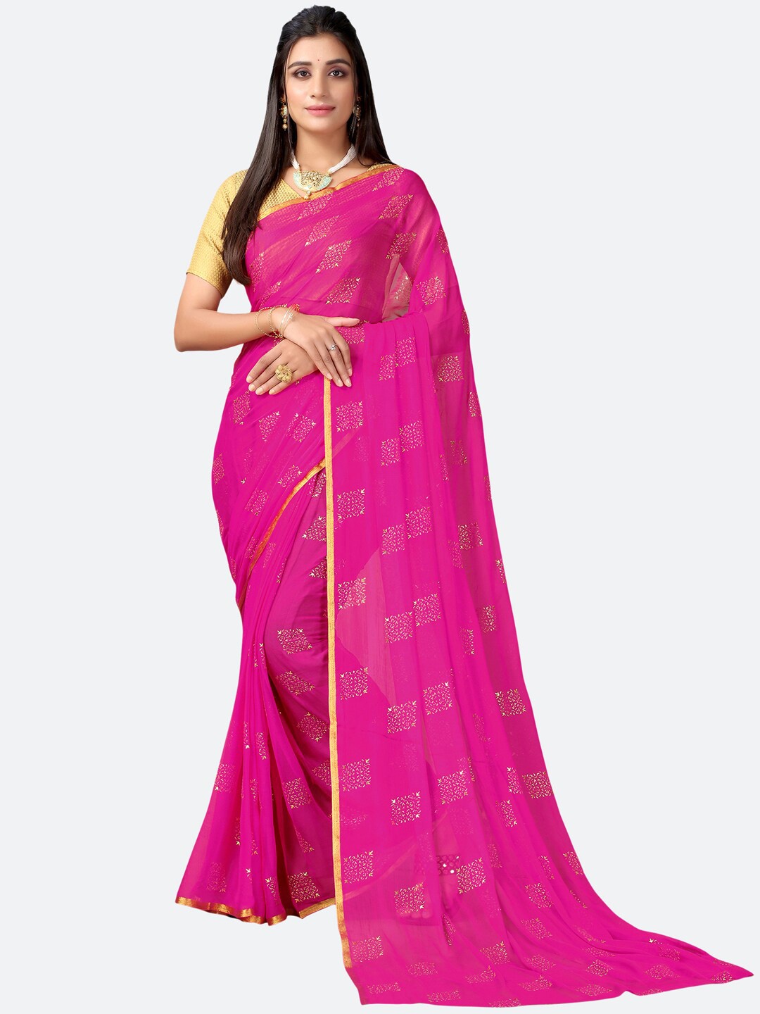 

KALINI Pink & Gold-Toned Poly Chiffon Mukaish Saree