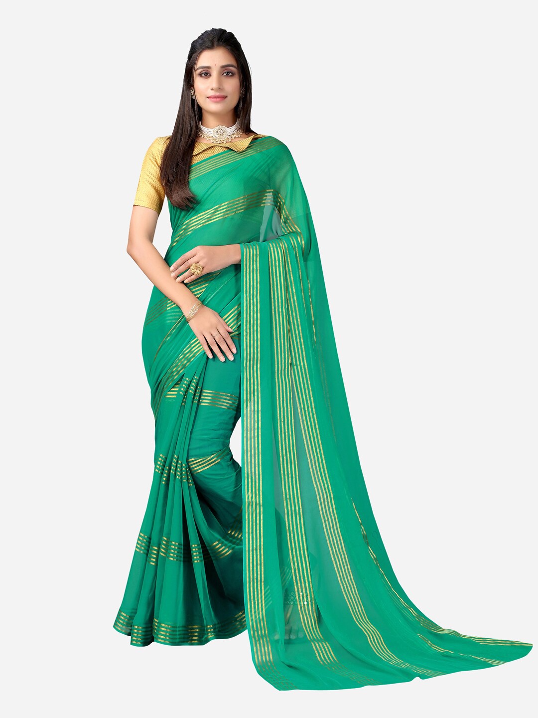 

KALINI Green & Gold-Toned Striped Zari Saree
