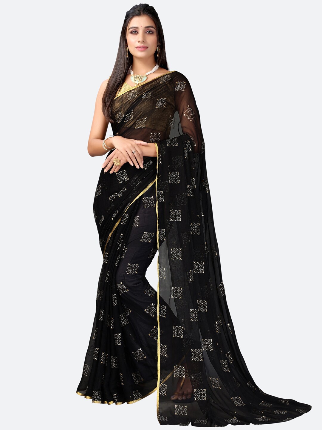 

KALINI Black & Gold-Toned Geometric Dyed Poly Chiffon Mukaish Saree