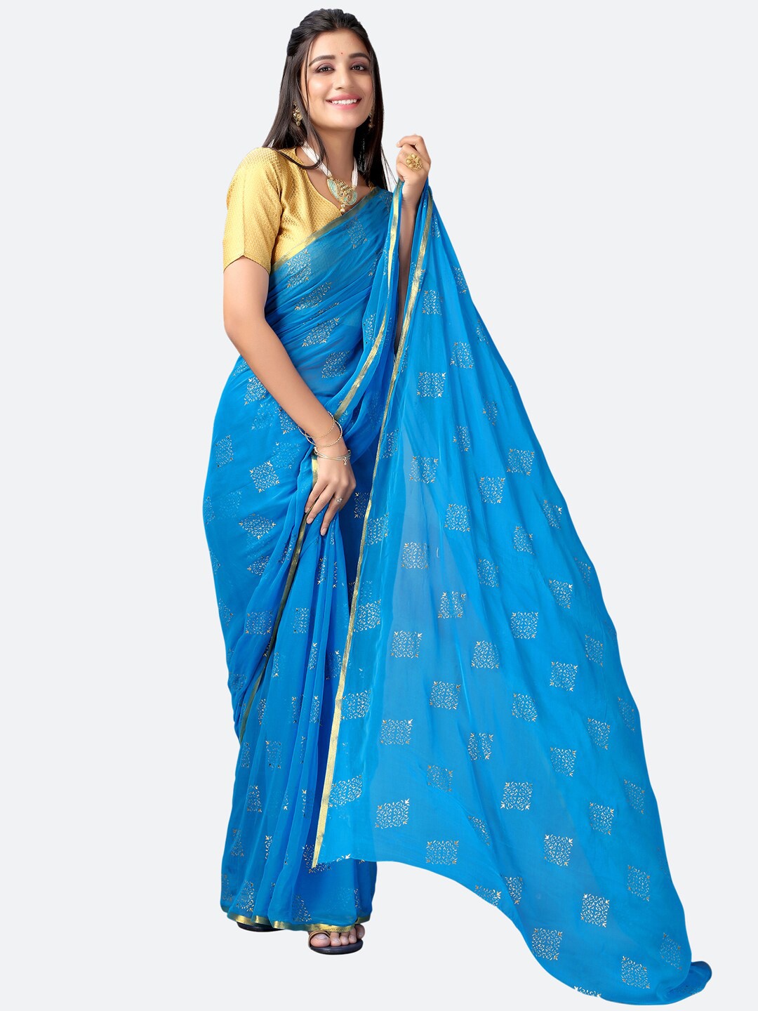 

KALINI Turquoise Blue & Gold-Toned Mukaish Woven Design Saree