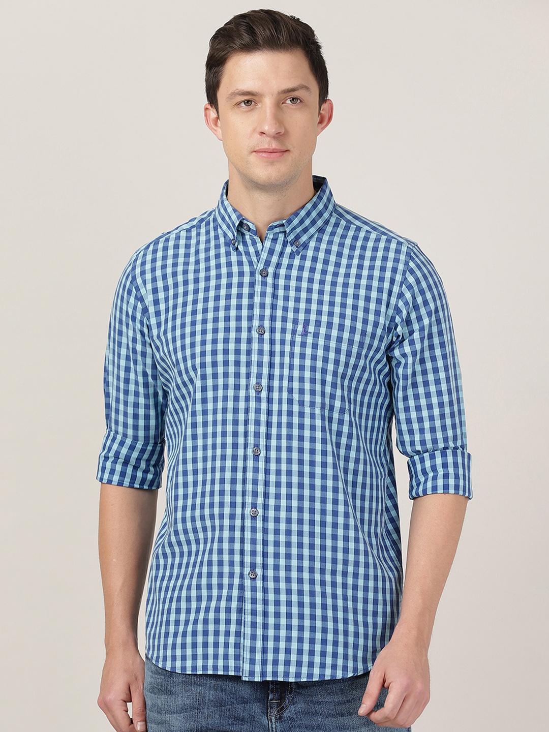 

MERCHANT MARINE Men Blue Classic Slim Fit Gingham Checked Casual Shirt